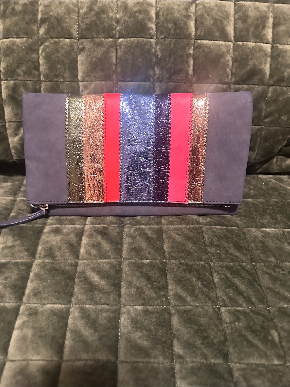 Stella & Dot Navy Clutch with Metallic Gold, Silver and Pink Accent Stripes